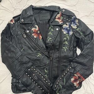 Blank NYC Black Leather Jacket with Floral Embroidery